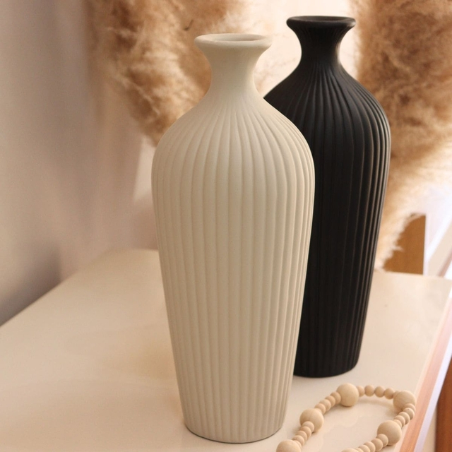 Vaso De Cerâmica Clássico Canelado - Decoração para sala, quarto, escritório, painel, rack, aparador
